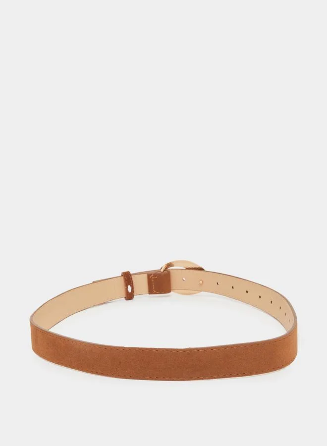 Styli Brown Faux Suede Belt with Oval Buckle